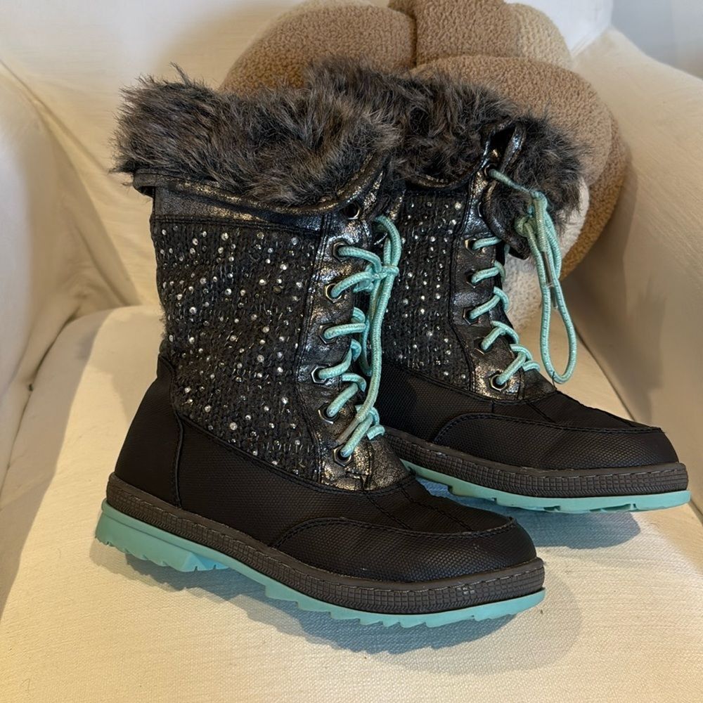 Justice Faux Fur Leather Rhinestone Lace Up Winter Boots